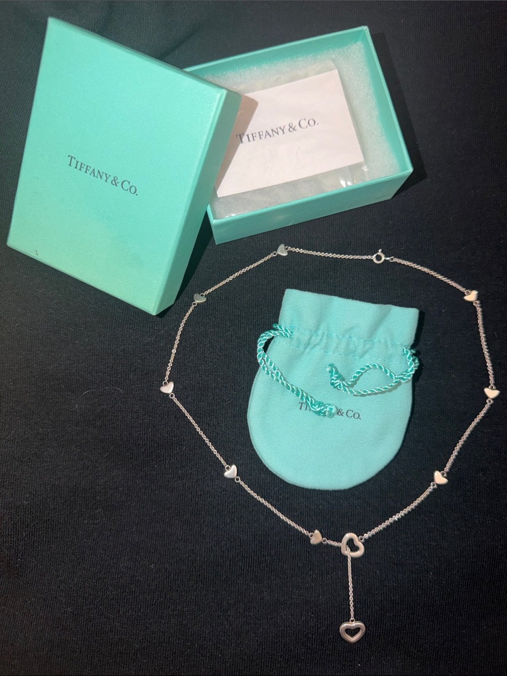 Tiffany & Co. Silver Heart Lariat Necklace with Tiffany Blue Pouch